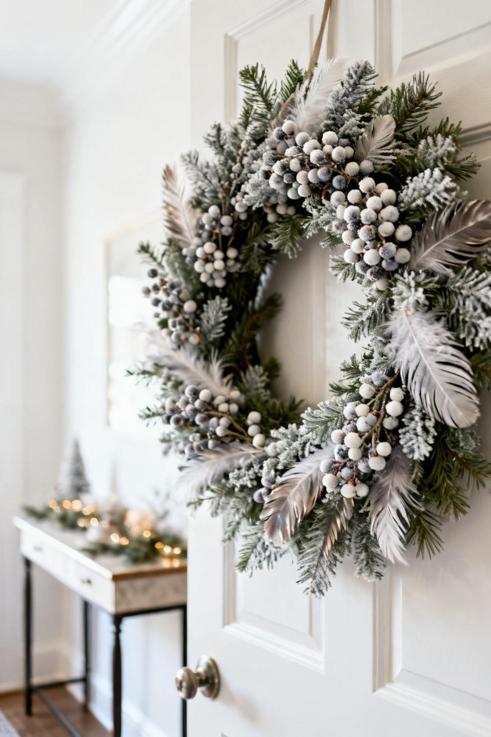 Frosted berry wreath paired with white candles in an entry