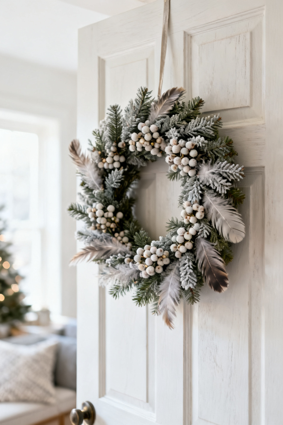 Snowy white feather wreath glowing softly at dusk