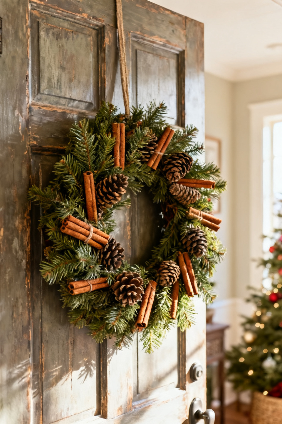 Rustic wreath with cinnamon bundles, pinecones, and burlap ribbon