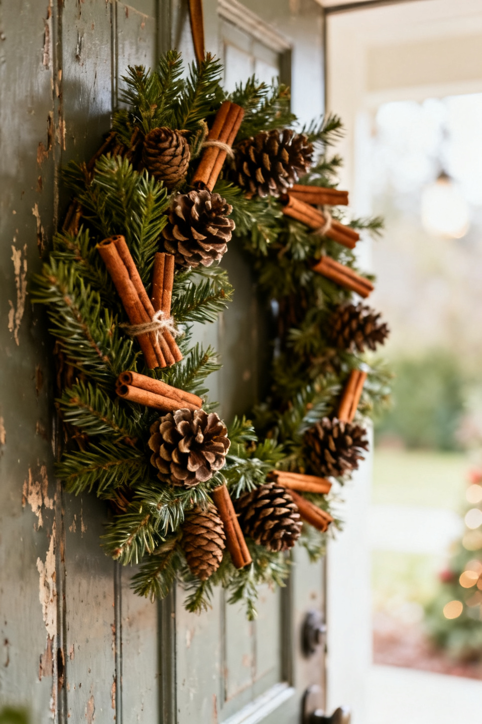 Farmhouse wreath with clustered pinecones on a barn-style door