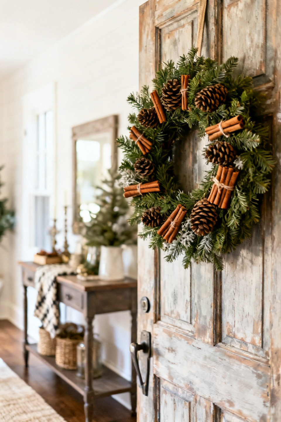 Cinnamon-stick and pinecone wreath paired with a lantern