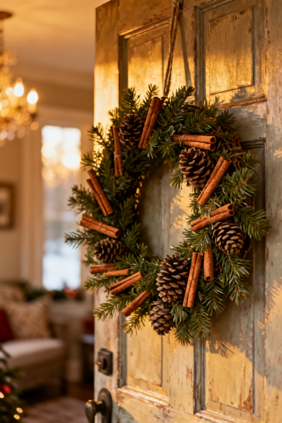Close view of twine-bundled cinnamon sticks and pinecones