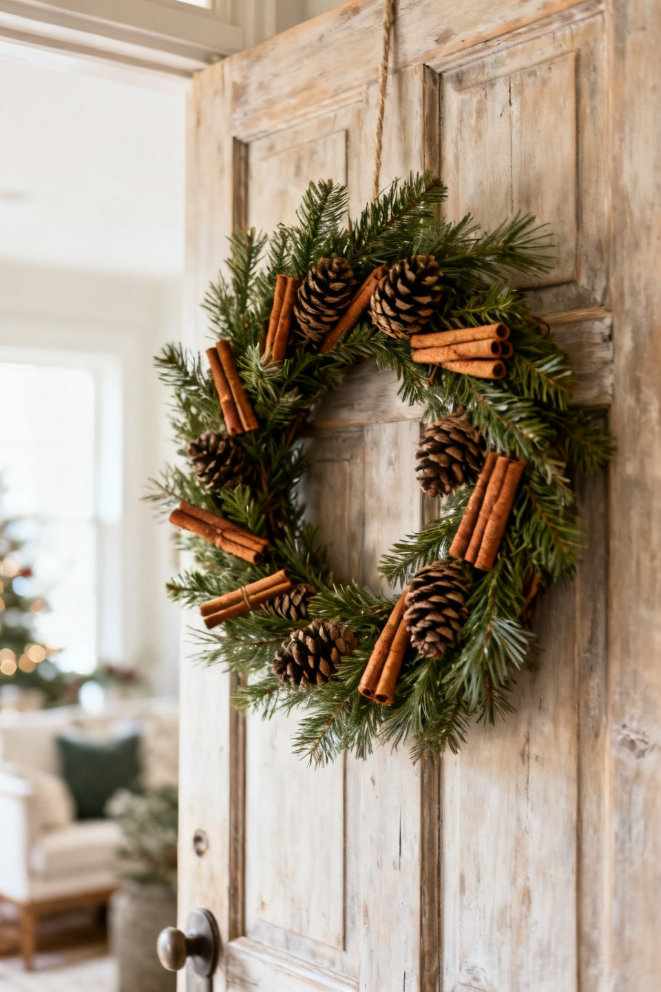 Cozy farmhouse wreath with gingham ribbon on a wood door