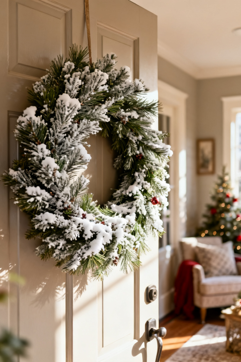 Flocked snowy pine wreath with white berries on a pale front door