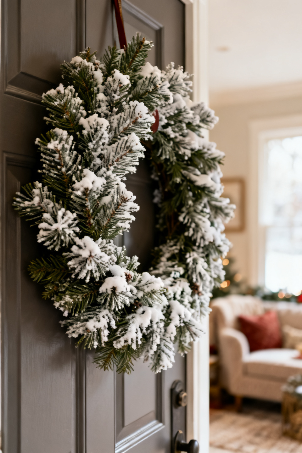 Snow-dusted pine wreath with a silver ribbon in a bright entry