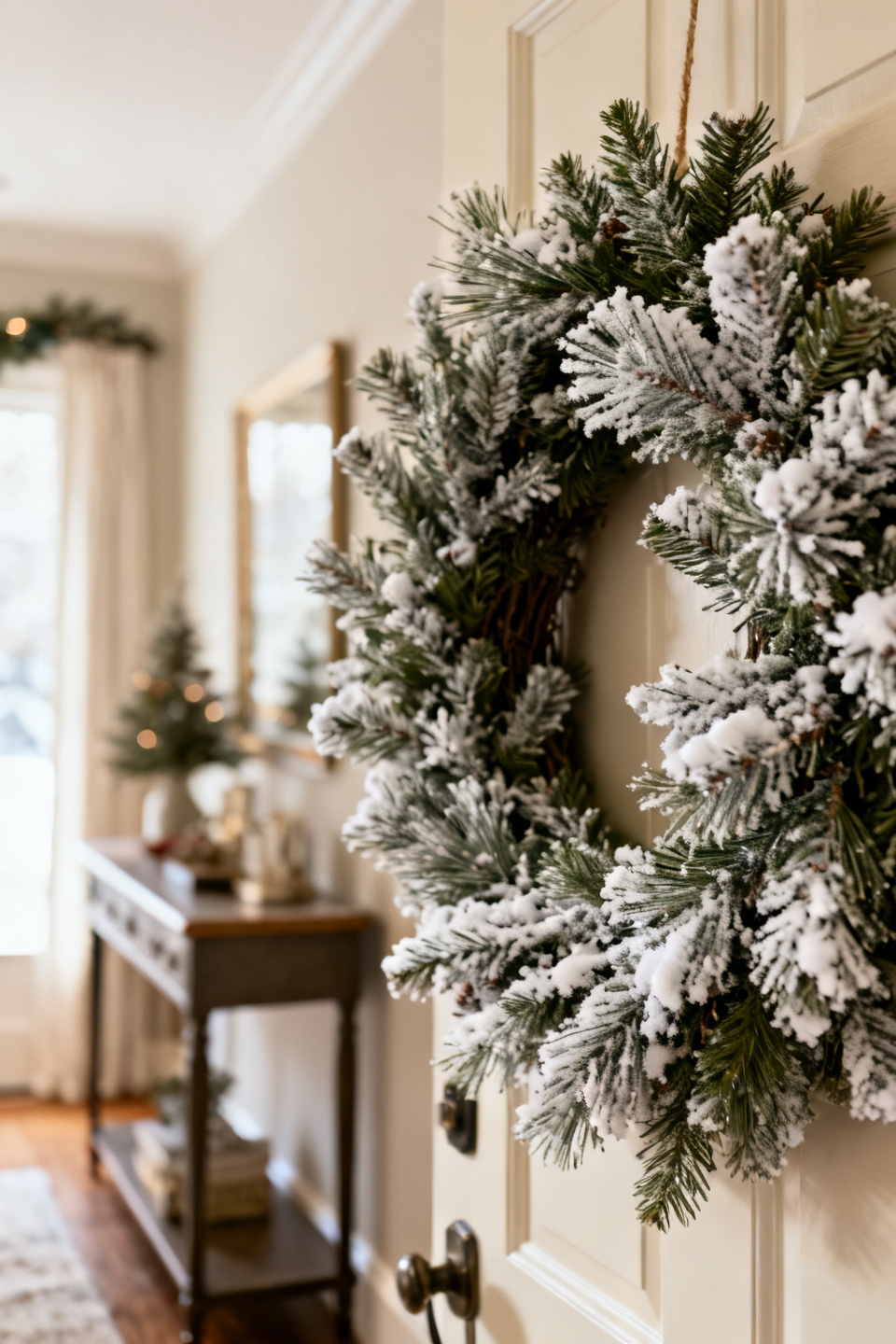 Flocked wreath paired with a lantern beside the front door