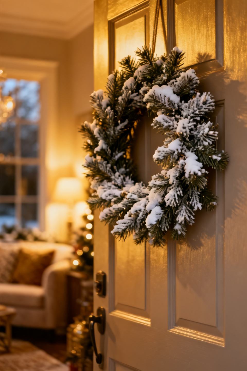 Close view of frosted pine tips and white berries on a wreath