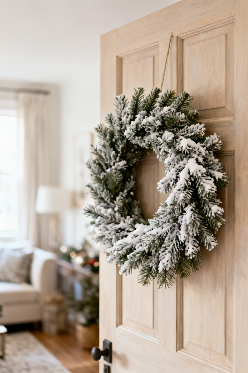 Snowy pine wreath glowing with warm micro-lights at dusk