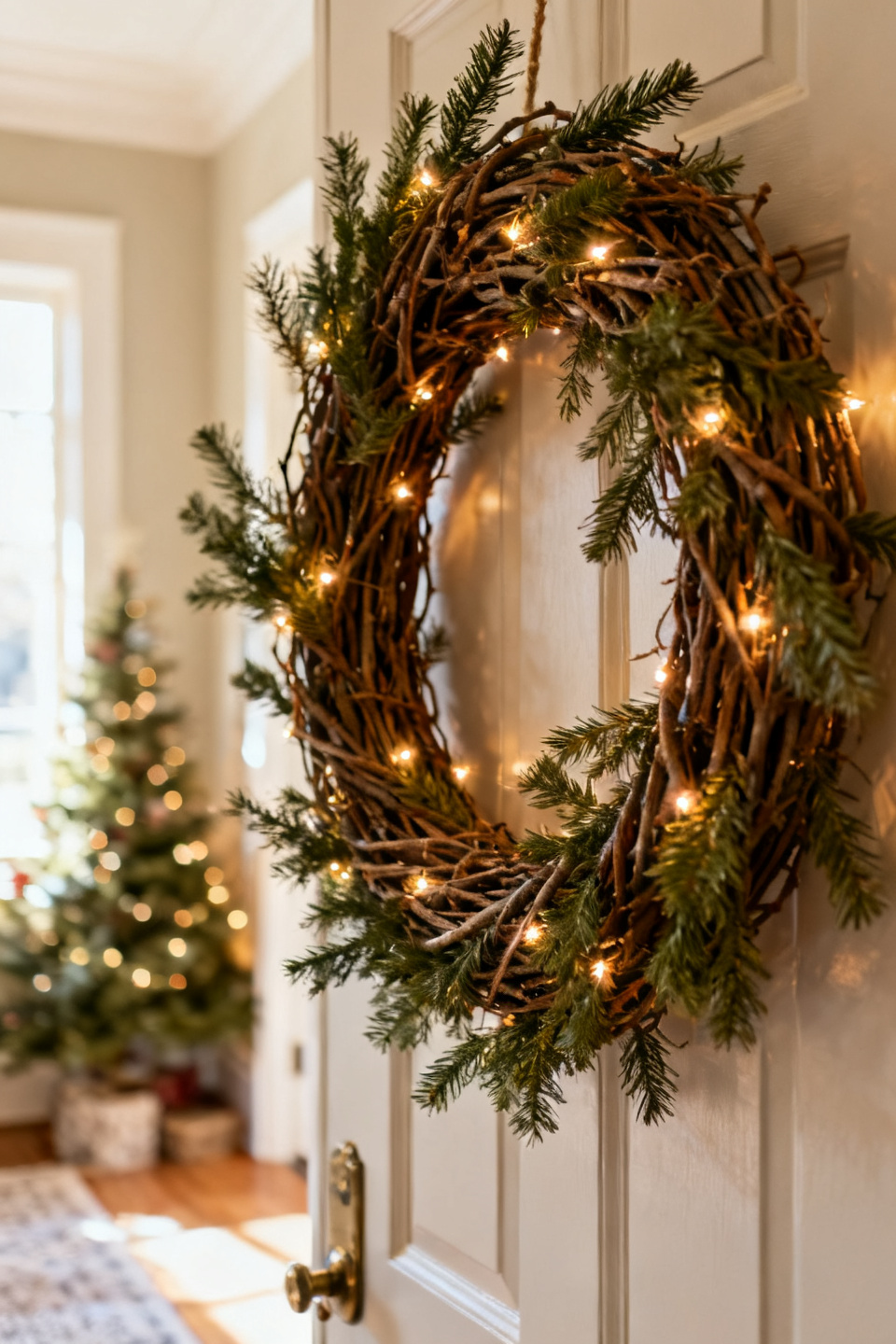 Rustic grapevine wreath woven with warm fairy lights on a wood door