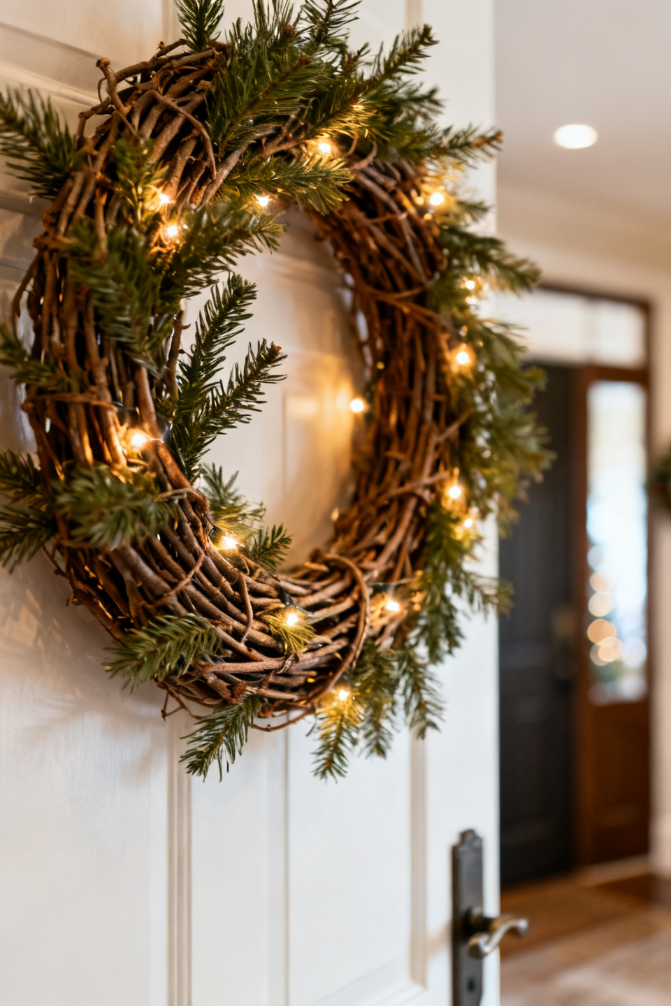 Grapevine wreath with pinecones and micro-lights glowing at dusk