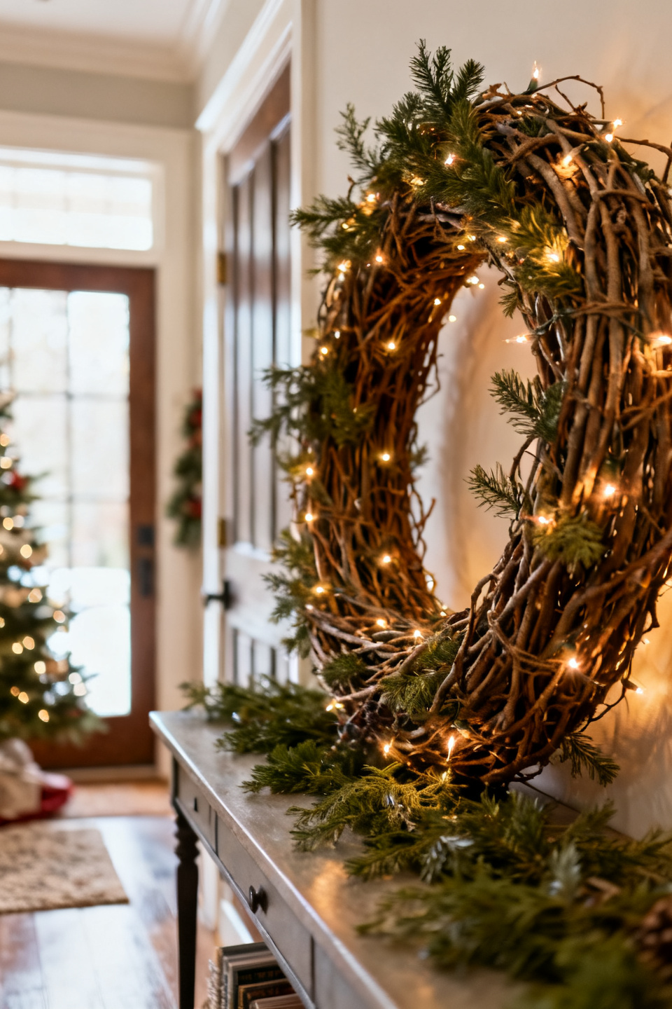 Fairy-light wreath paired with a lantern on a cozy porch
