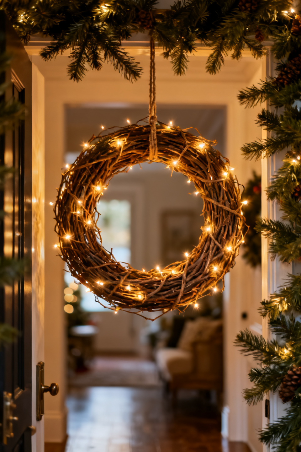 Close view of warm micro-lights tucked into a grapevine base