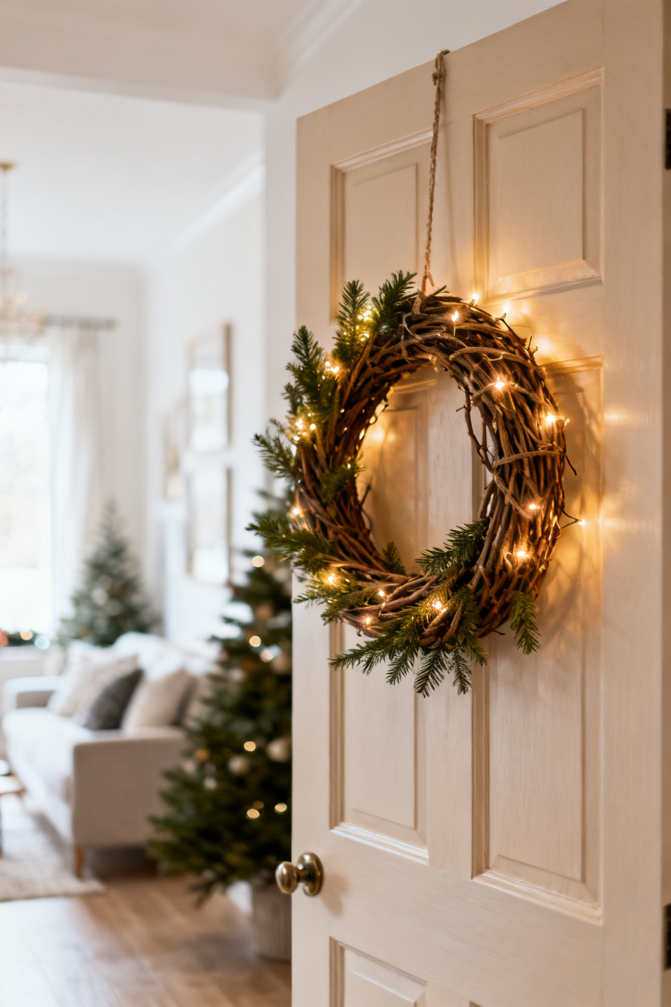 Glowing grapevine wreath framing a front door in the evening
