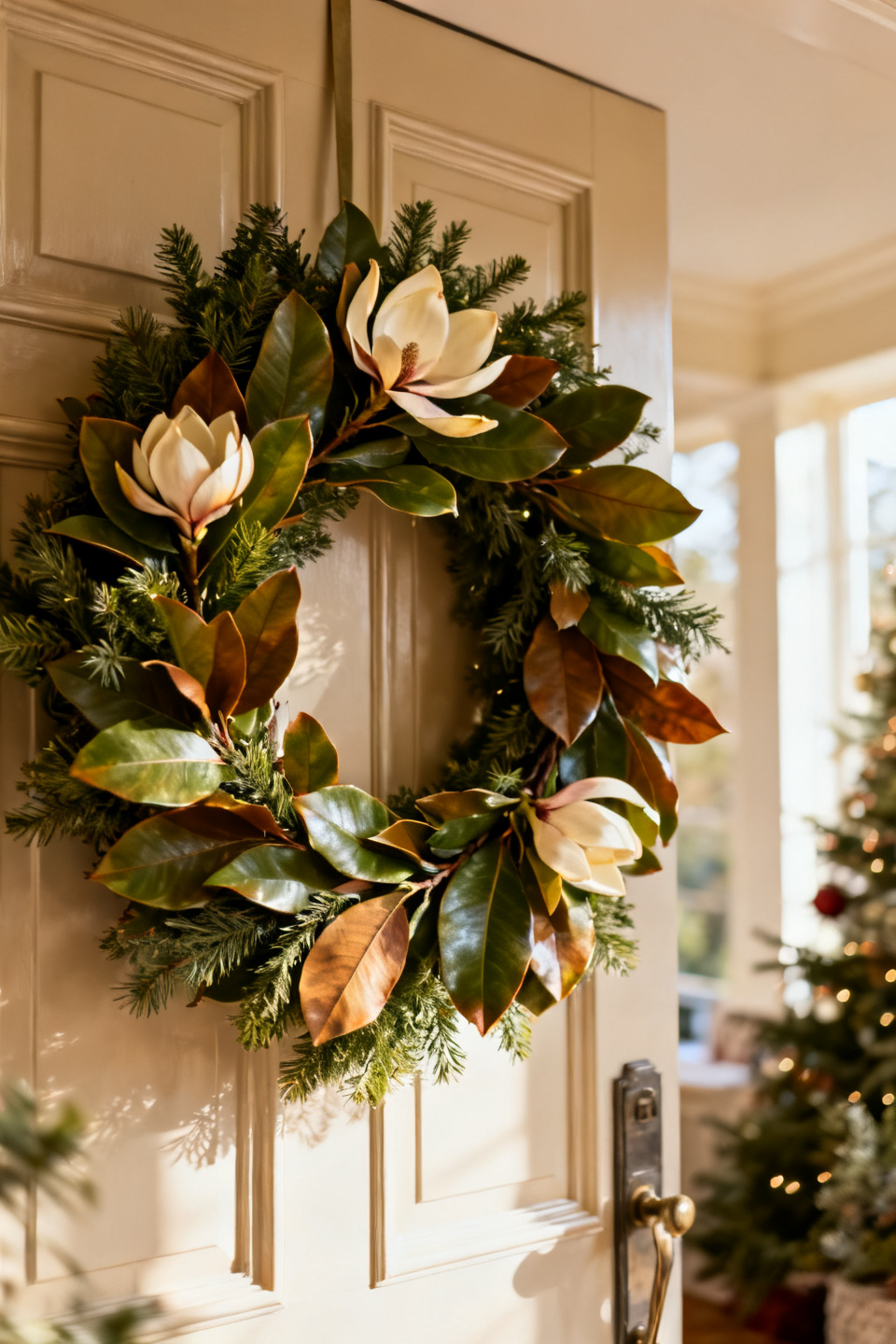Magnolia leaf wreath with glossy green and brown leaves on a cream door