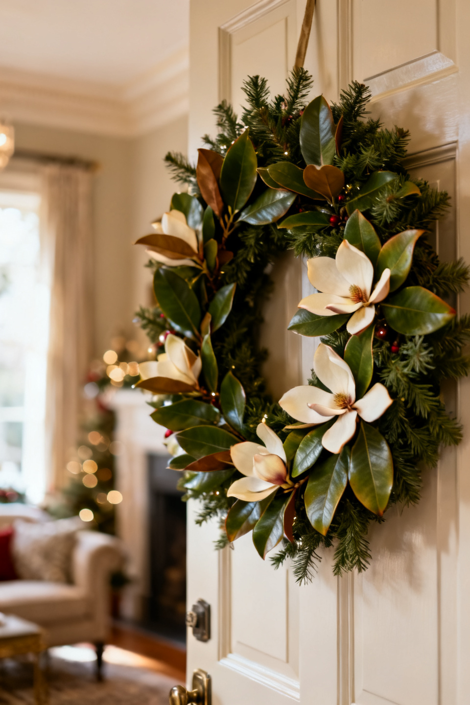 Two-tone magnolia wreath with a burgundy velvet ribbon