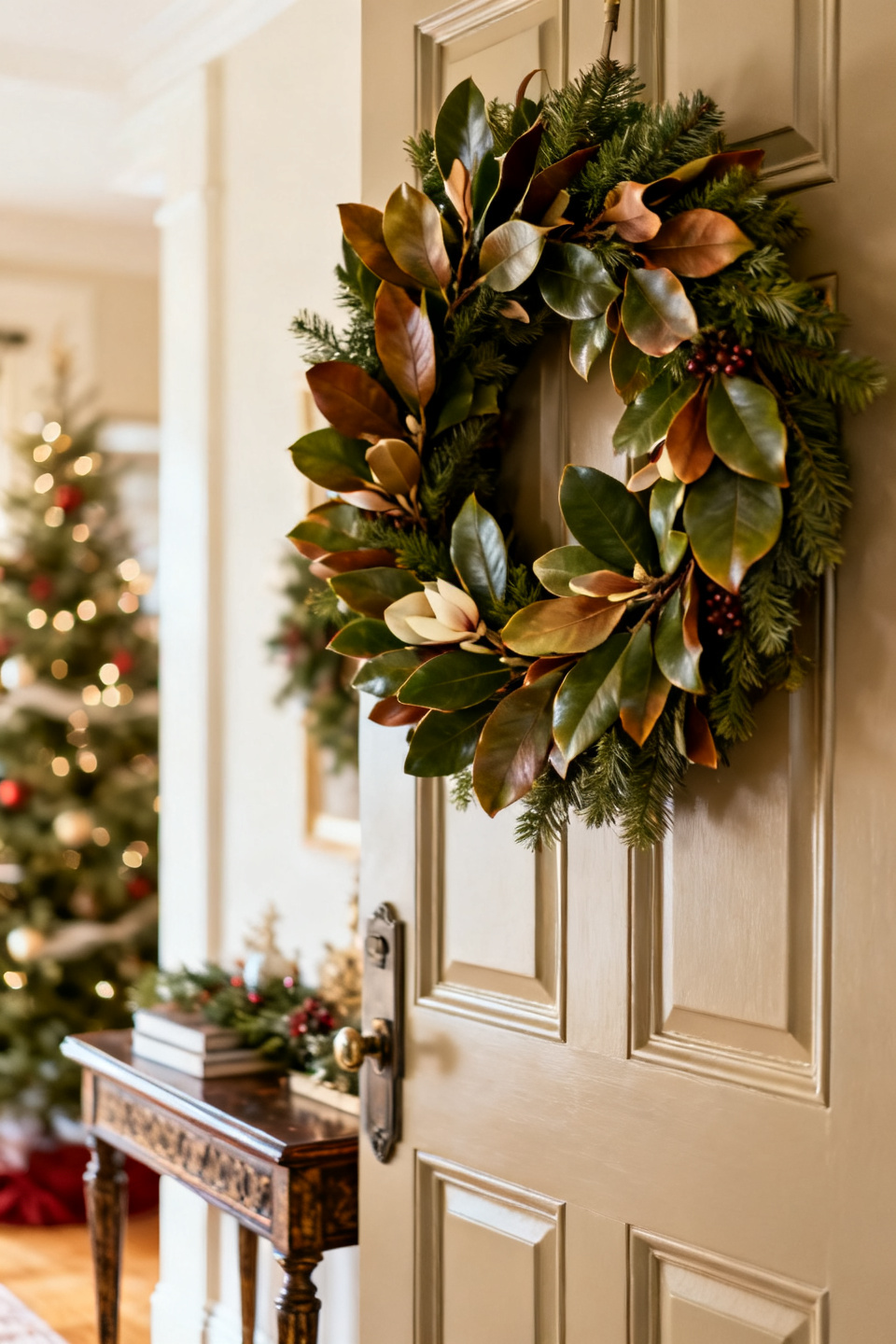 Magnolia wreath paired with a brass lantern in an elegant entry