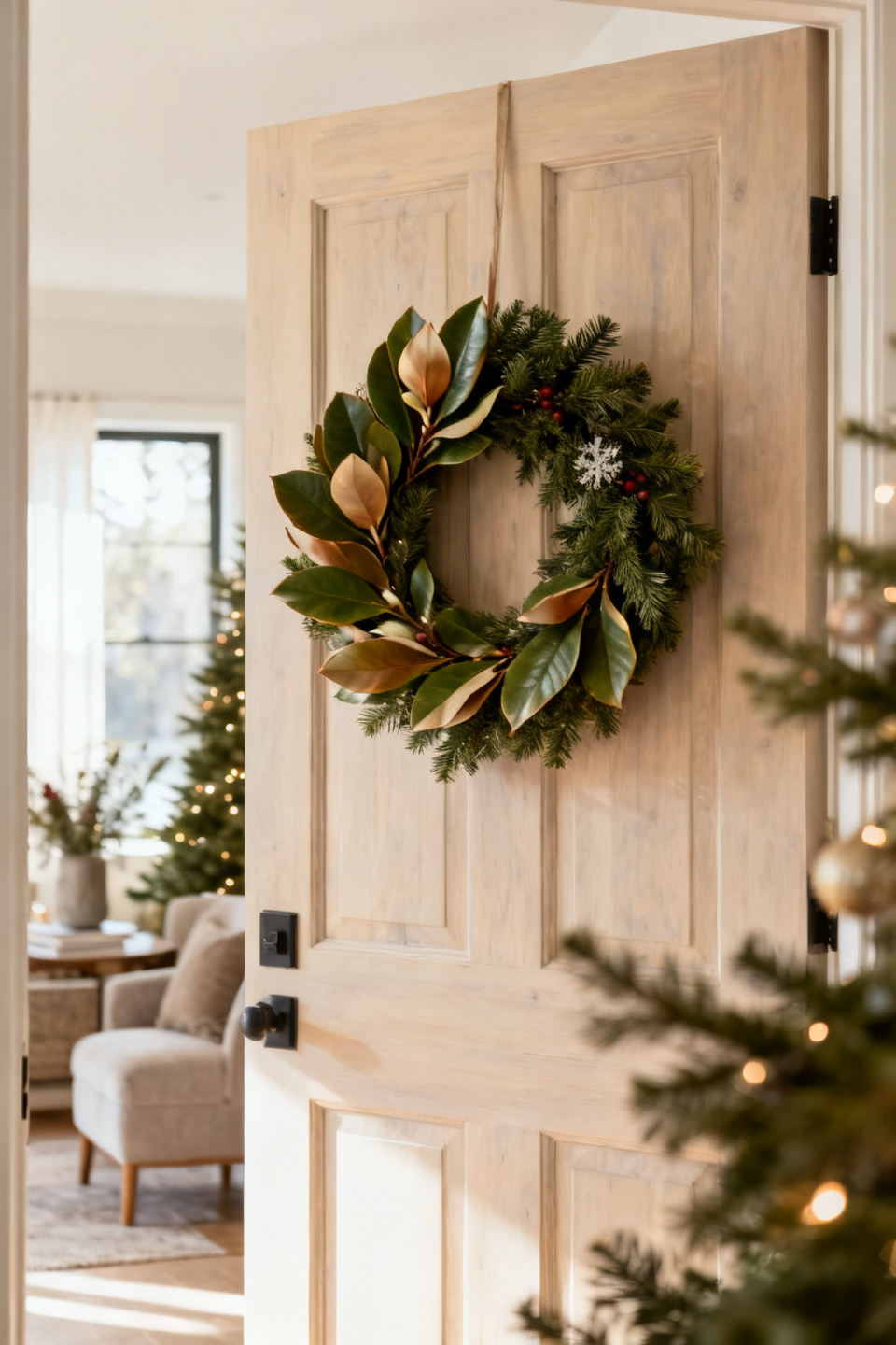 Full magnolia leaf wreath framing a paneled front door