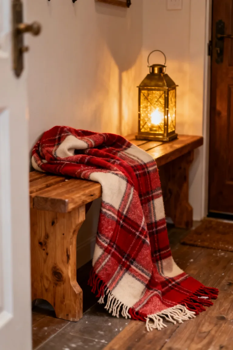 Plaid throw and pillow with warm wood and woven texture in a cozy winter entryway