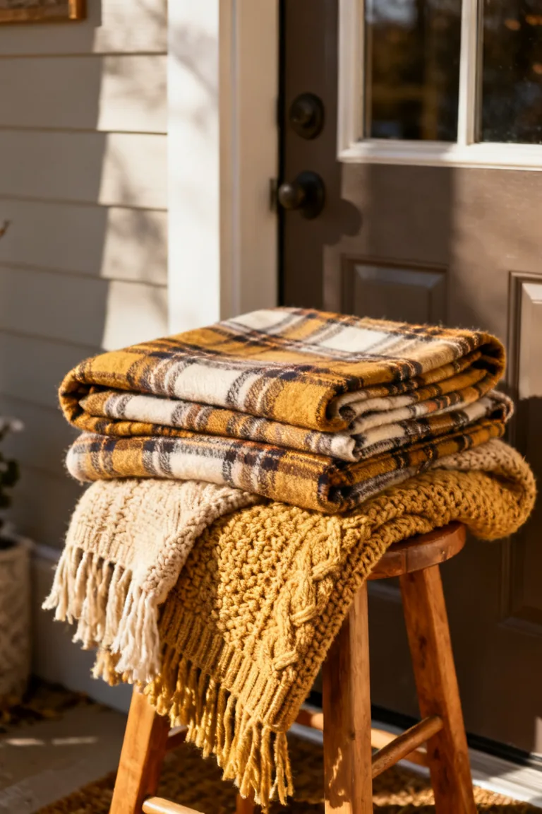 Plaid throw and pillow with warm wood and woven texture in a cozy winter entryway