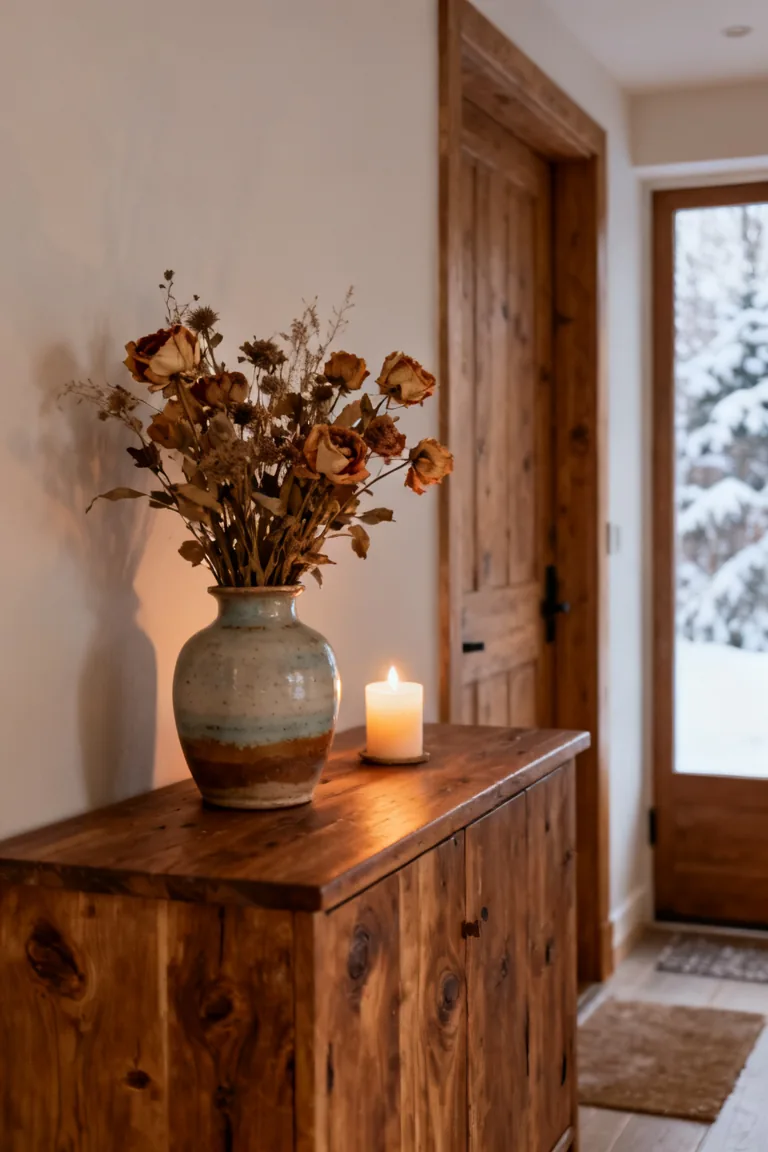 Plaid throw and pillow with warm wood and woven texture in a cozy winter entryway