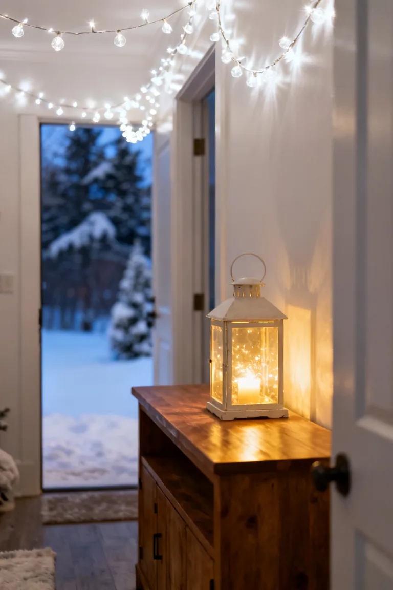 Warm white string lights glowing along an entry shelf and mirror at dusk