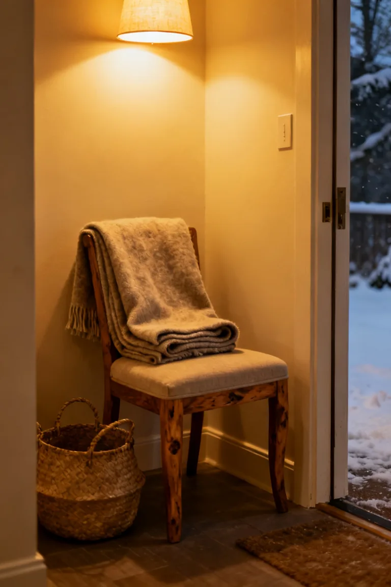 Warm white string lights glowing along an entry shelf and mirror at dusk