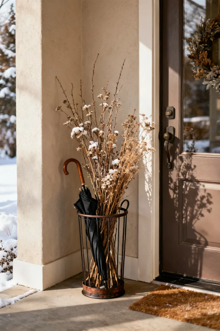 Warm white string lights glowing along an entry shelf and mirror at dusk