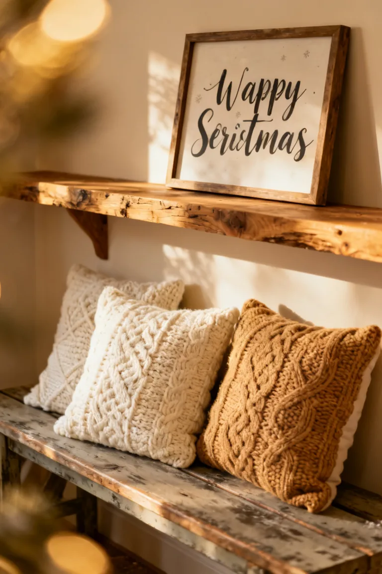 Warm white string lights glowing along an entry shelf and mirror at dusk