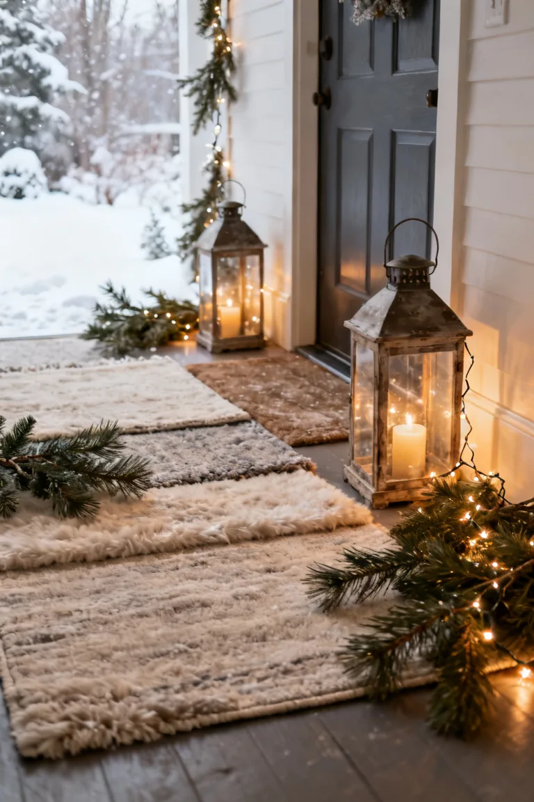 Warm white string lights glowing along an entry shelf and mirror at dusk