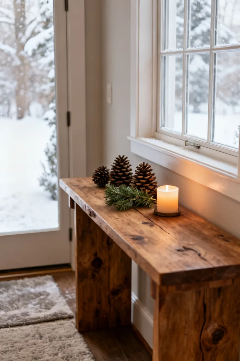Winter botanical and snowy prints in mixed wood and black frames above an entry console