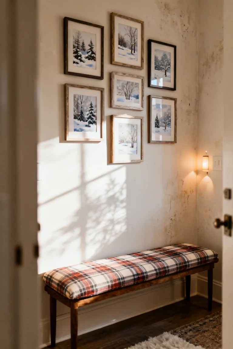 Winter botanical and snowy prints in mixed wood and black frames above an entry console
