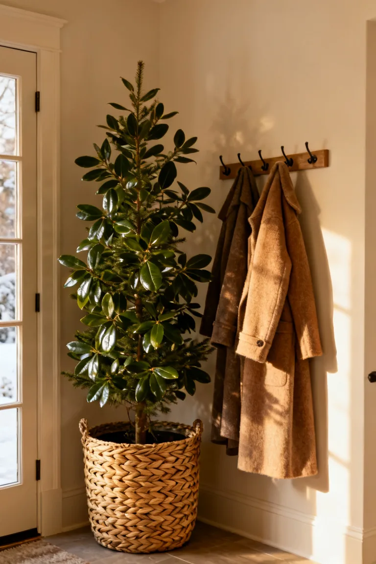 Winter botanical and snowy prints in mixed wood and black frames above an entry console