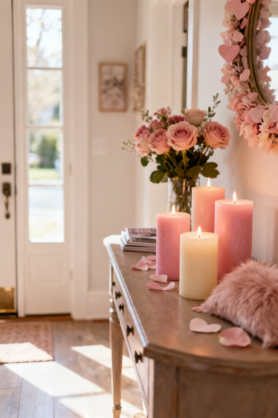 Blush and cream pillar candles clustered on a brass tray on a console