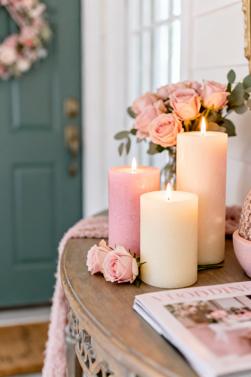 Varying-height flameless pillars glowing on an entry shelf at dusk