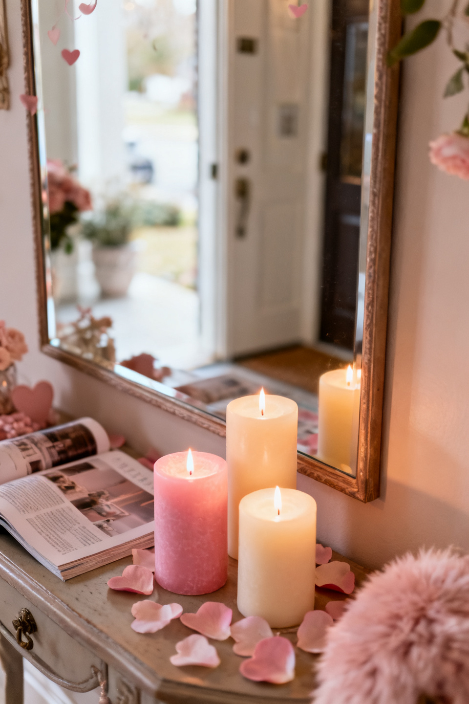 Pillar candles grouped with a small vase of roses on a console