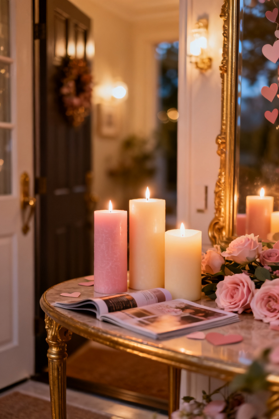 Cream pillar candles on a mirrored tray reflecting the warm glow