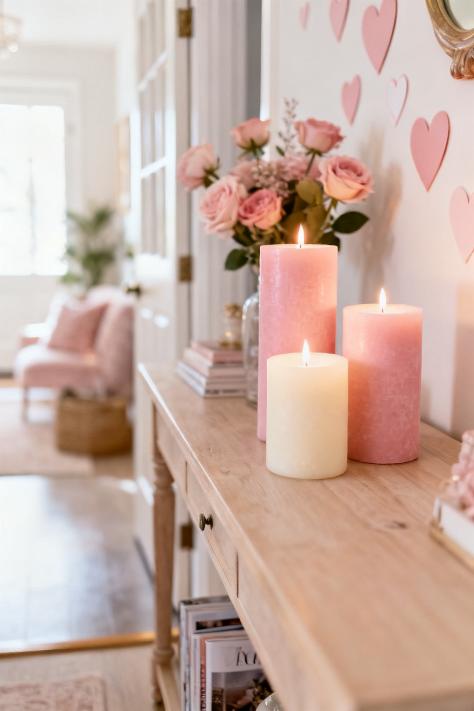 A soft candle cluster paired with eucalyptus on a neutral entry table