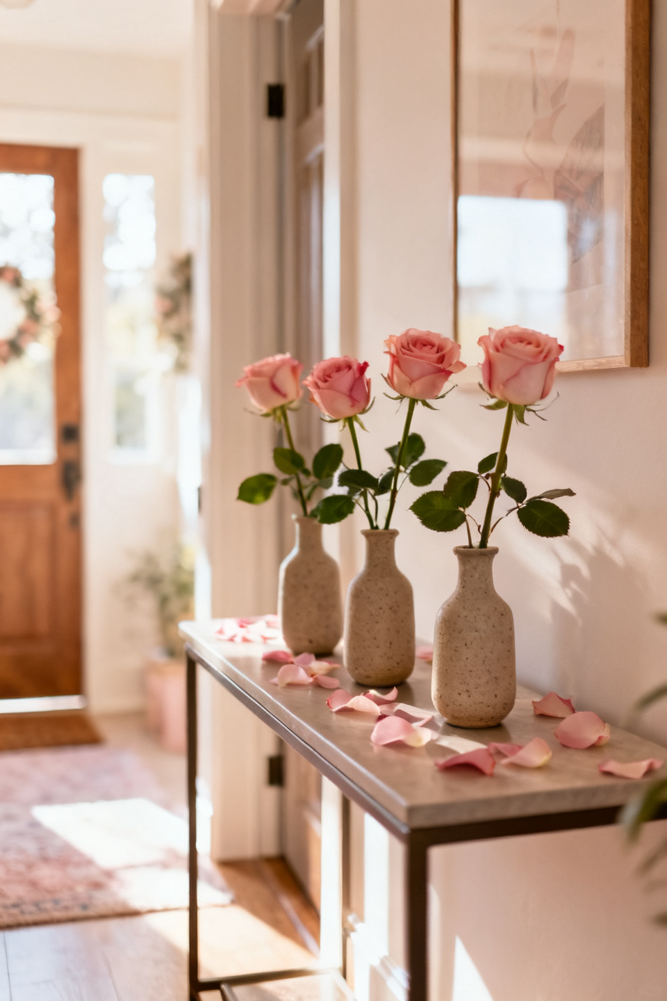 Three blush bud vases in a row holding single roses on a console