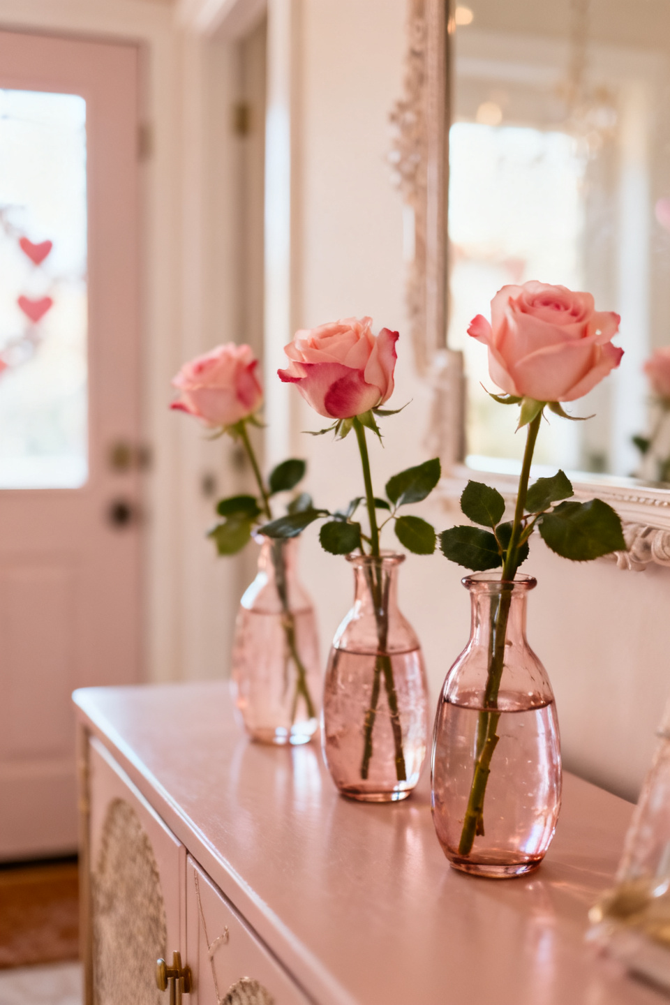 Clear glass bud vase trio with ranunculus on an entry table