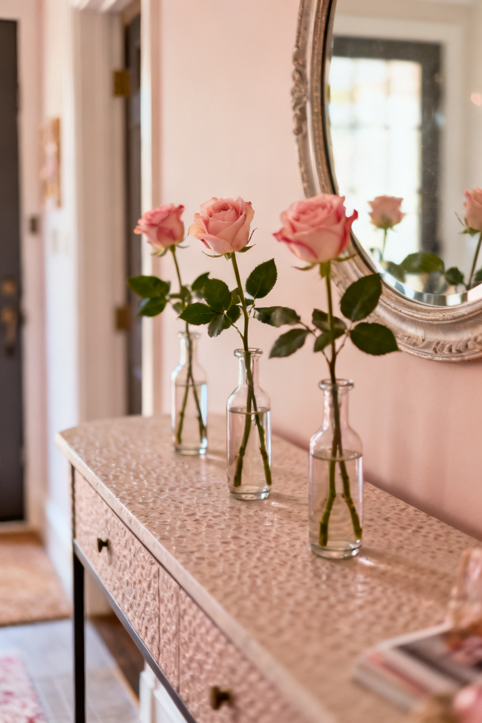 Tonal bud vases with single stems beside a small mirror