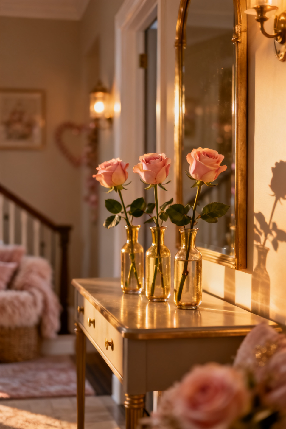 Blush bud vases and a candle grouped on a brass tray