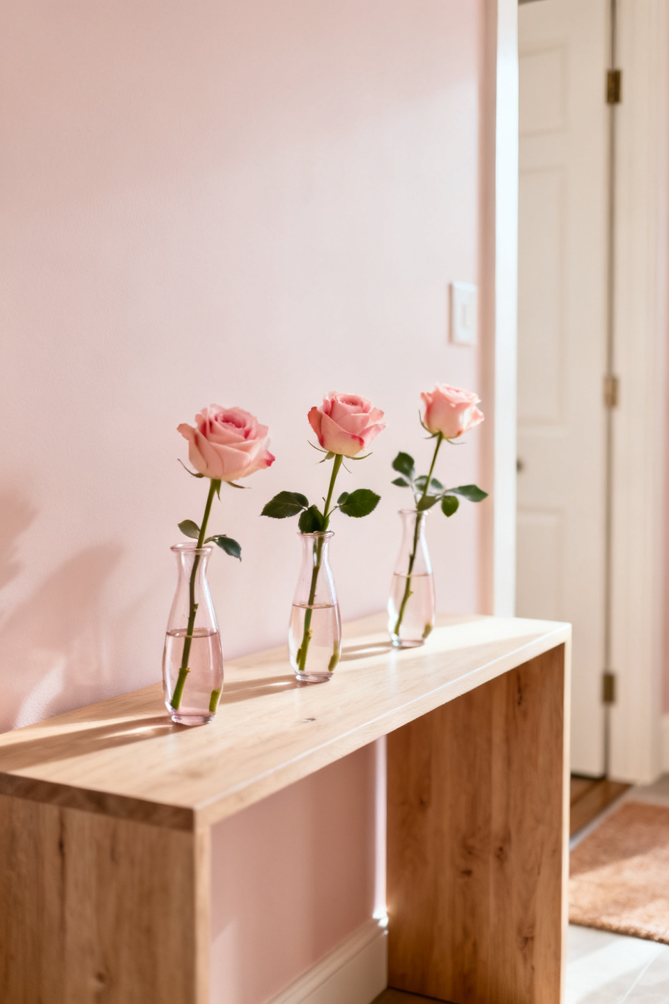 A row of bud vases with greenery sprigs on a neutral console