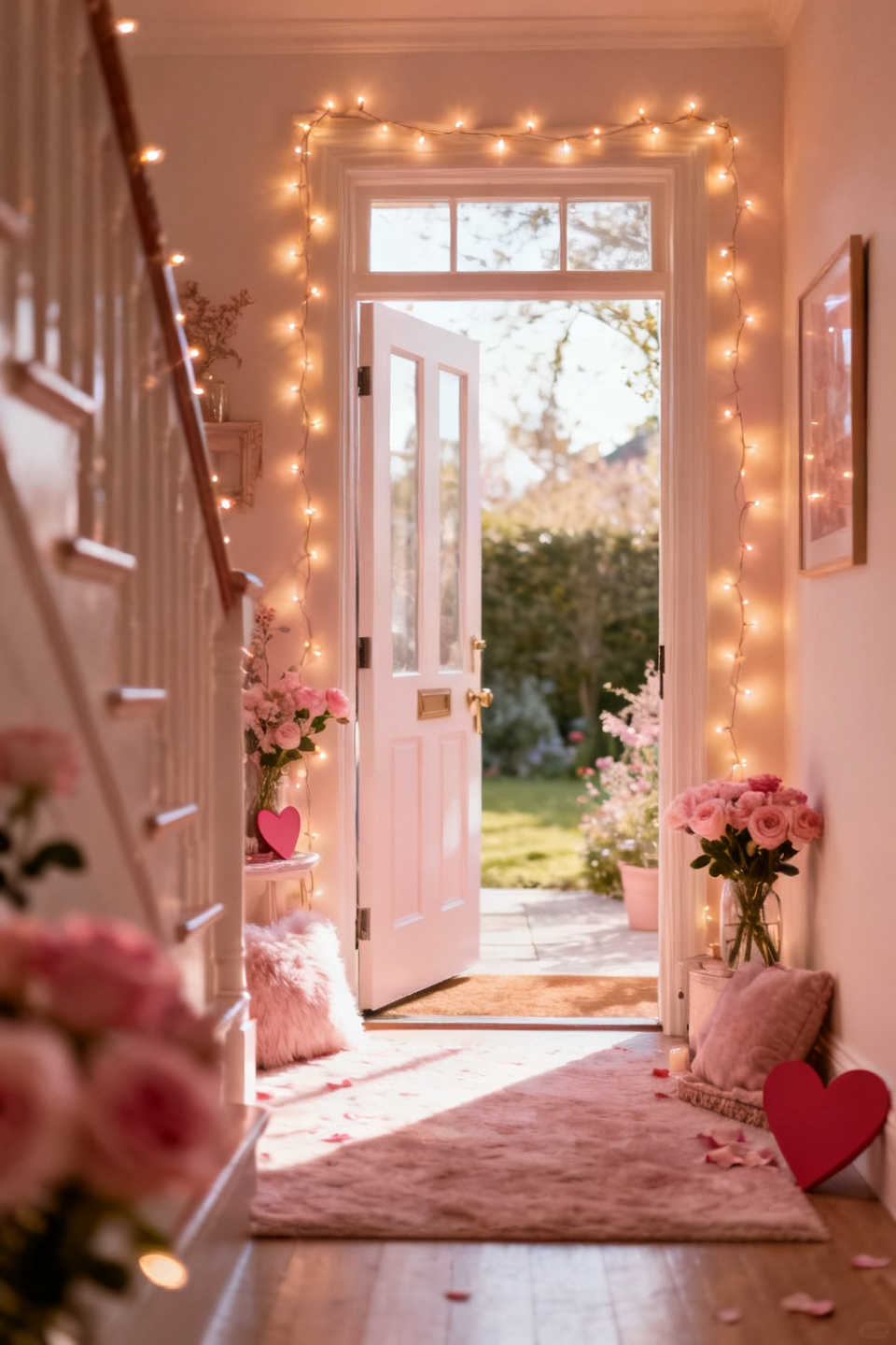 Warm-white fairy lights woven through greenery on an entry console