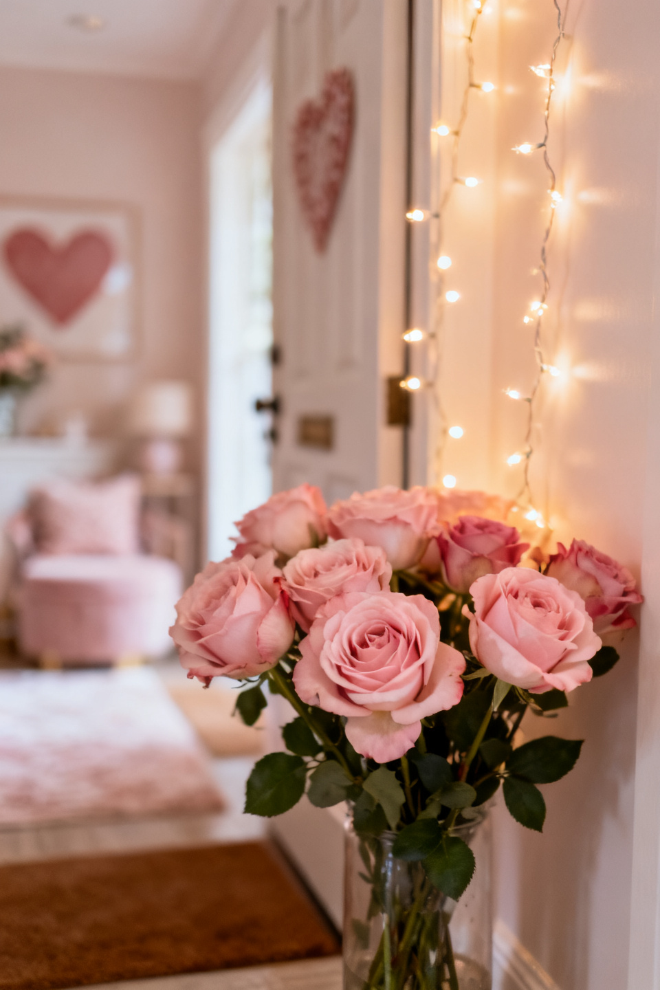 Fairy lights framing an arched entryway mirror at dusk
