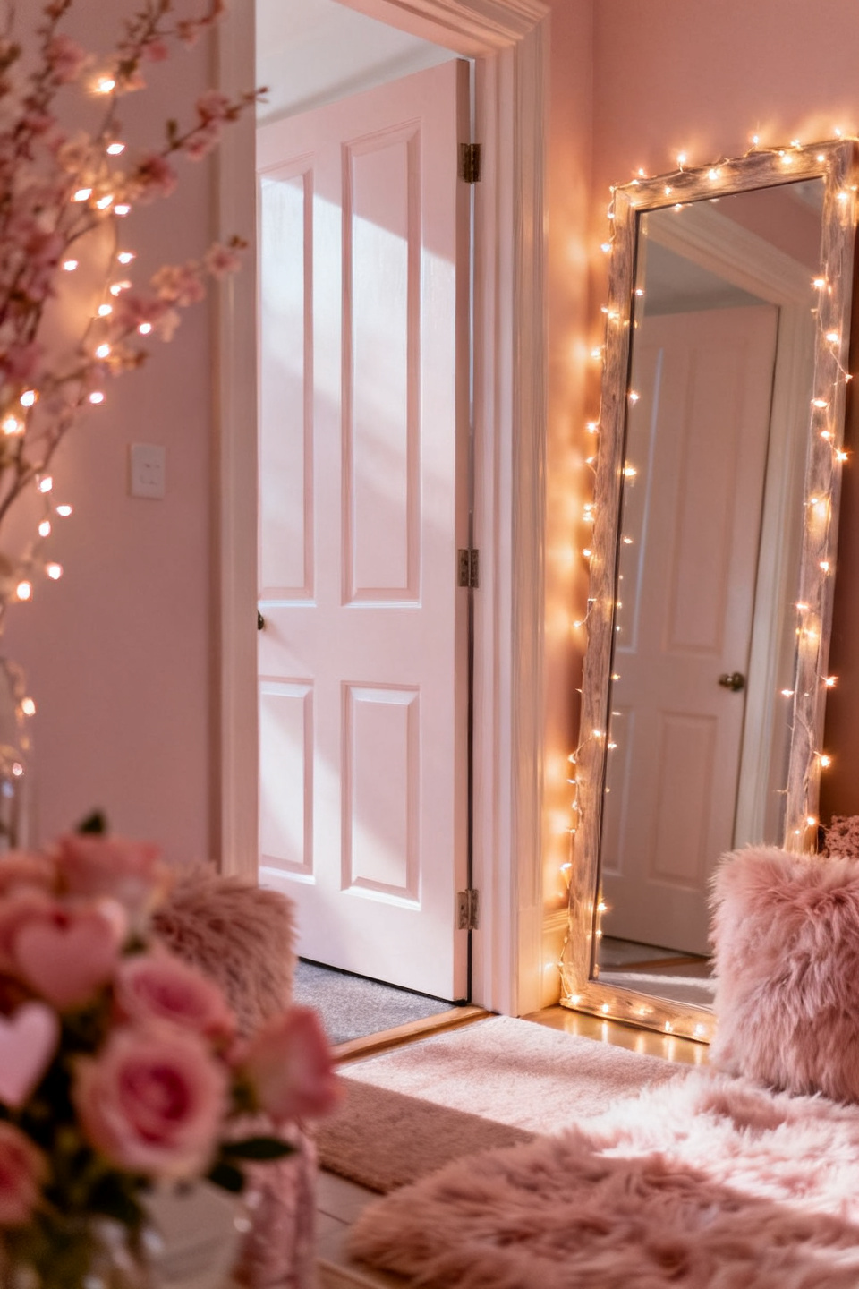 Soft glowing fairy lights in a vase of branches by the door