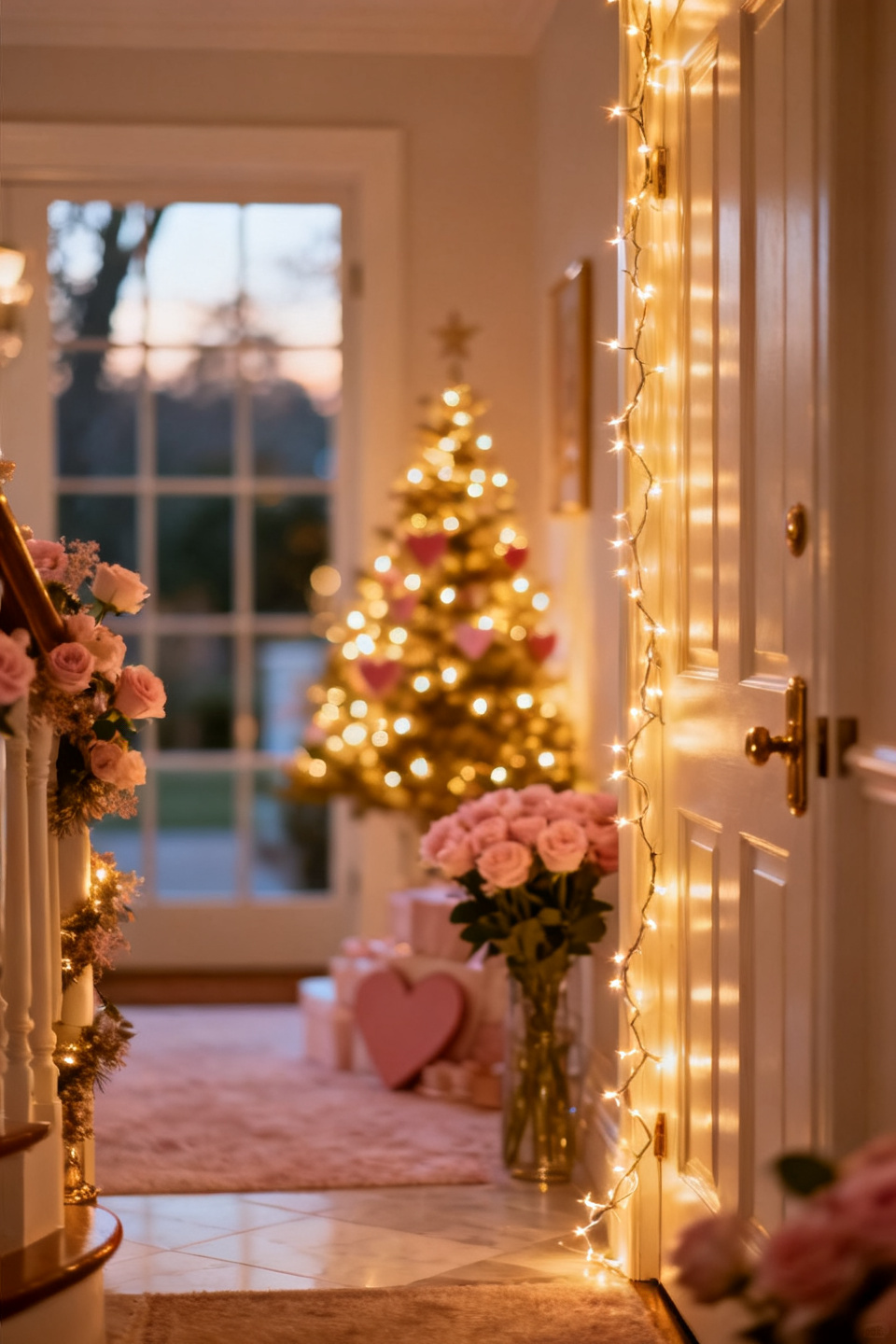 Warm string lights draped along a console with blush florals