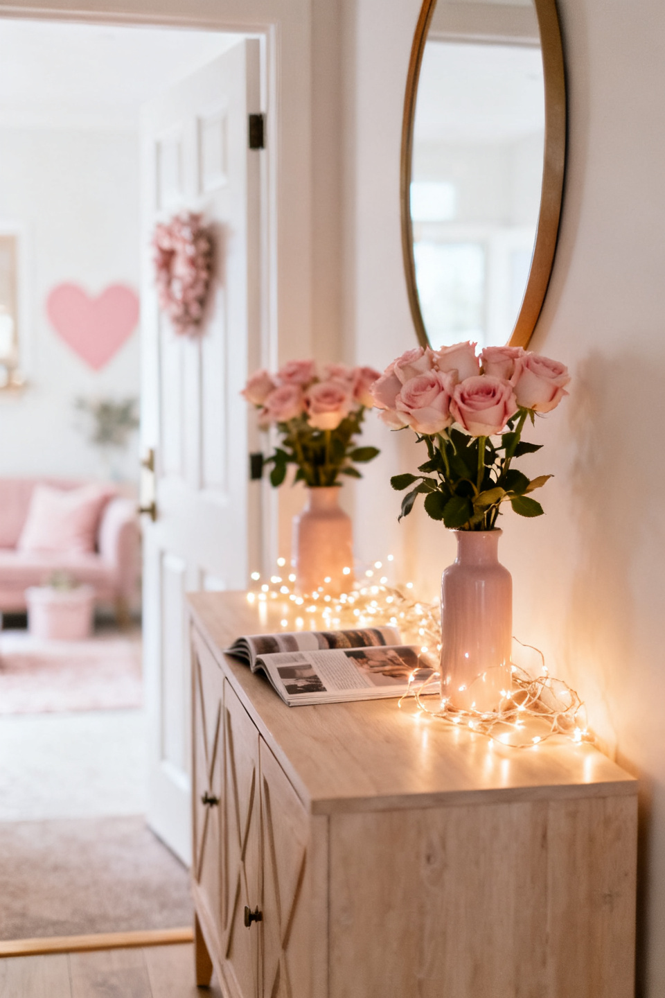 Cozy entryway lit with warm fairy lights in the evening