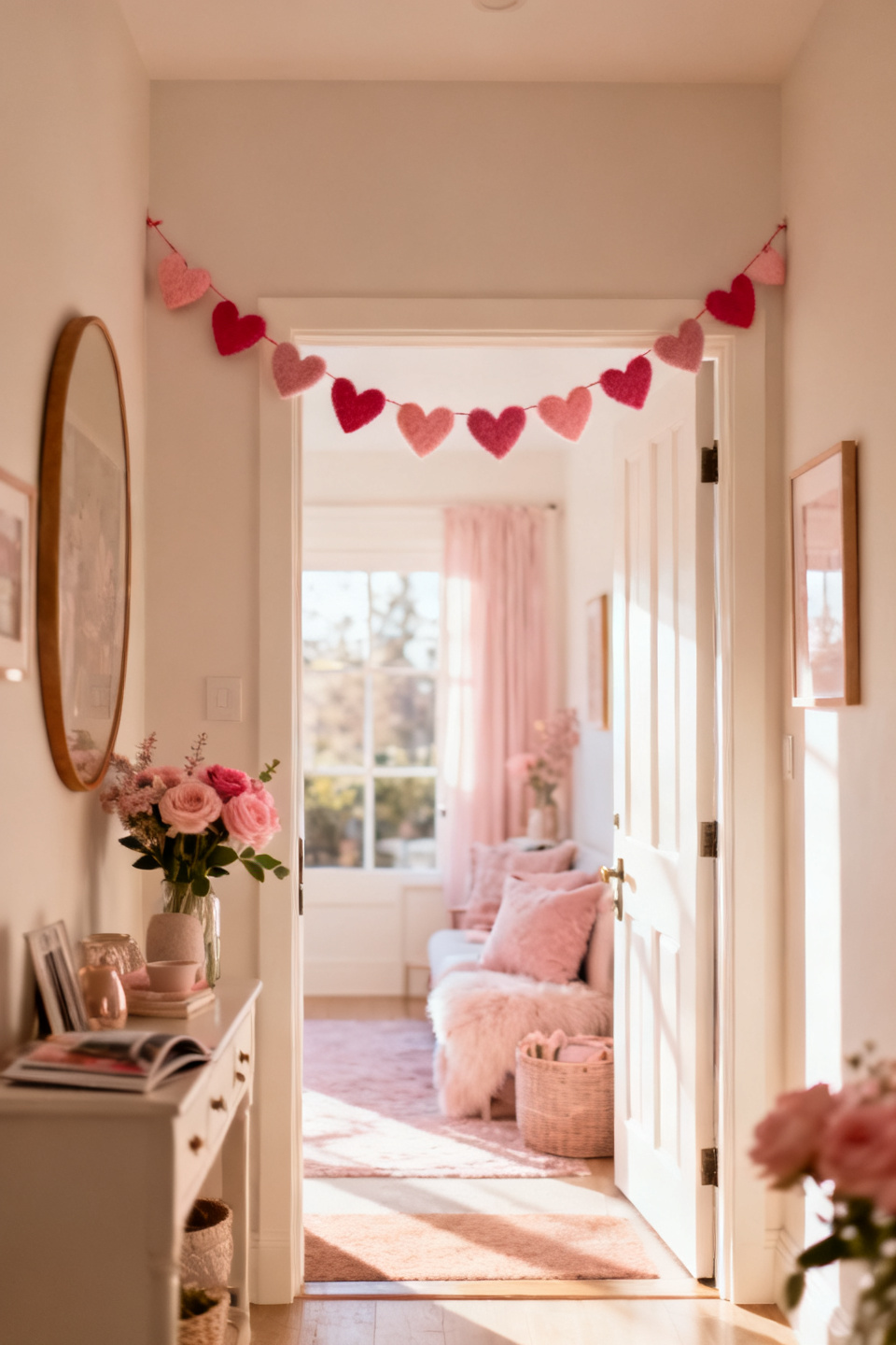 Blush and cream felt heart garland draped across an entry mirror