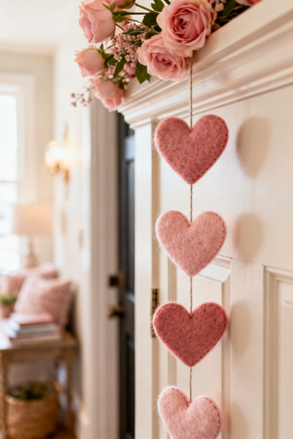Felt heart garland strung along a console table with bud vases