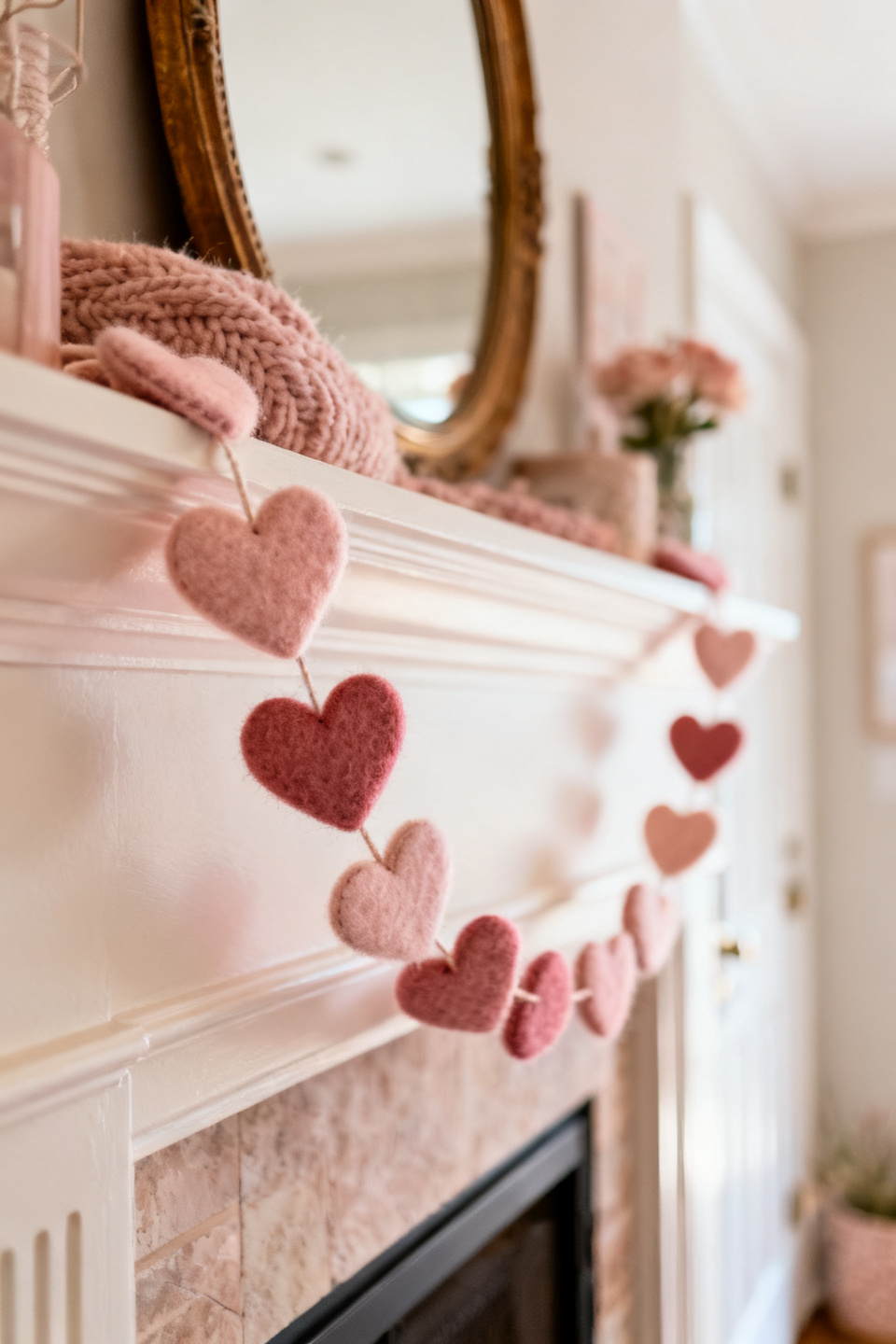 Dusty rose heart garland hung across the top of a front door frame